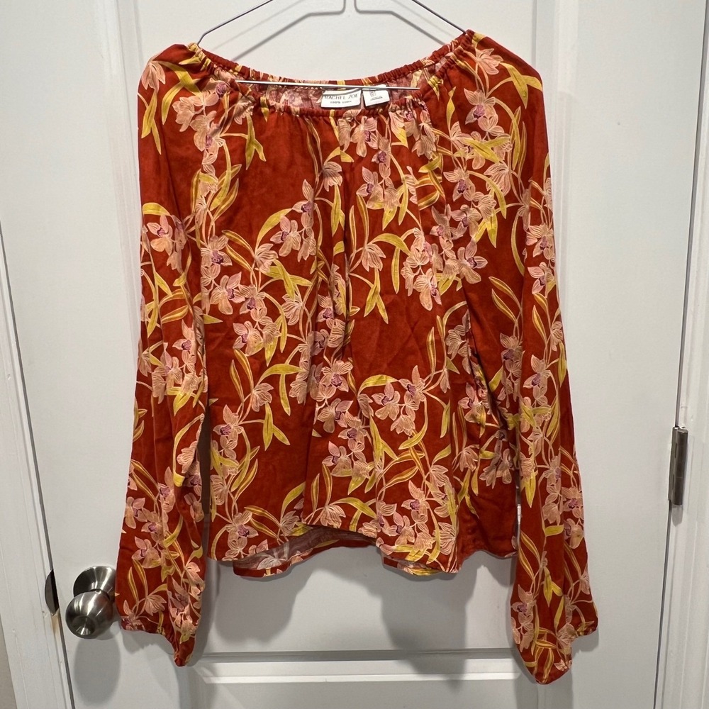 Rachel Zoe Womens Linen Floral Long Sleeve Blouse Rust Red Pink L